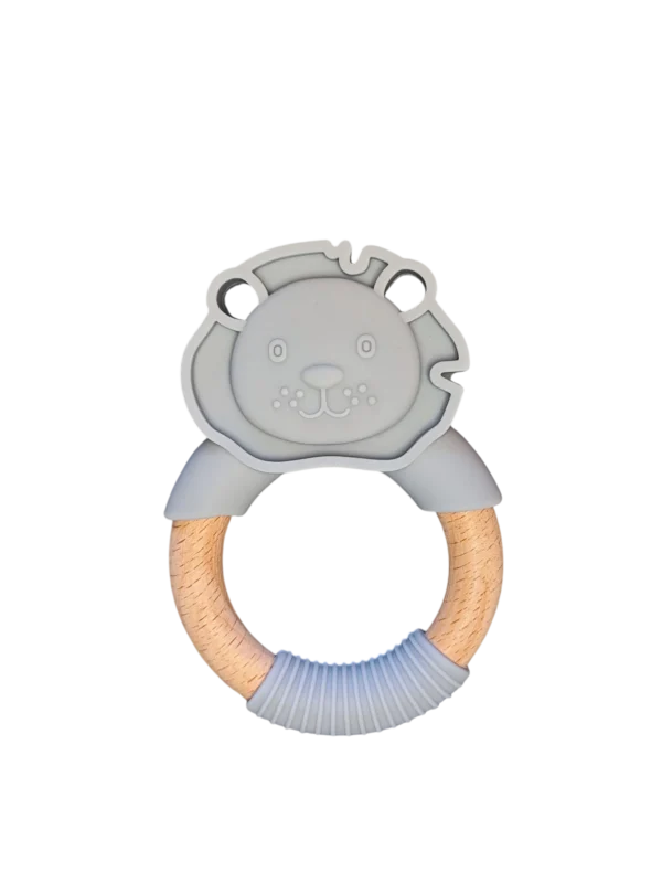 Massaggiagengive in silicone e legno d' acero azzurro a forma di leone